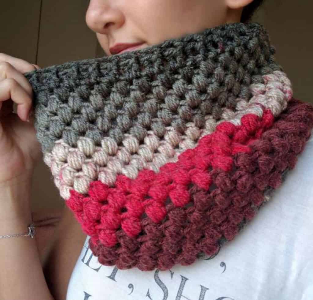 Striped Puff Stitch Cowl - Caron Cakes Crochet Pattern