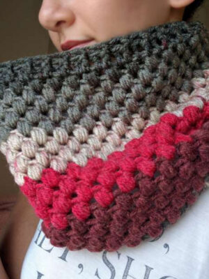 Striped Puff Stitch Cowl - Caron Cakes Crochet Pattern