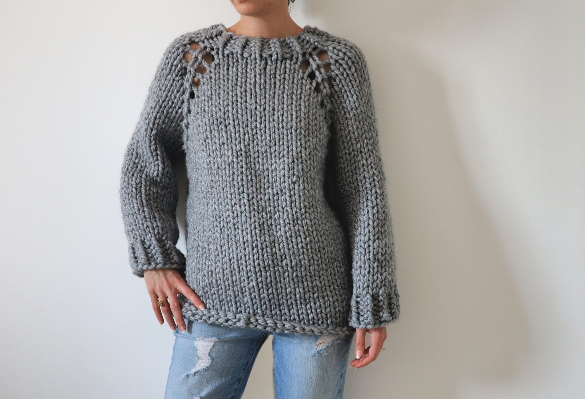 Super Chunky Raglan Top Down Knit Sweater Pattern The Snugglery