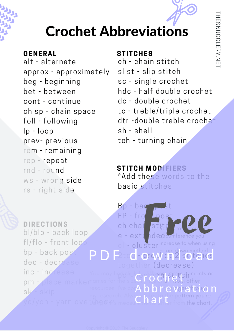 Free Printable Crochet Abbreviations Chart - The Snugglery