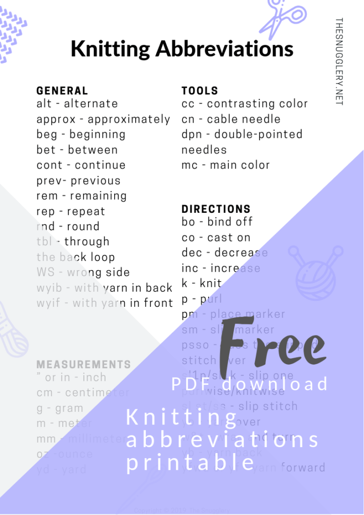 Free Printable Knitting Abbreviations Chart – The Snugglery