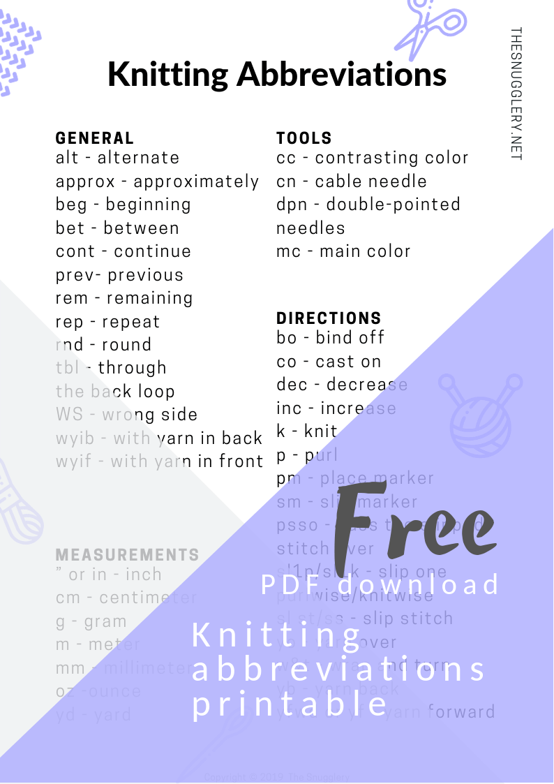 Free Printable Knitting Abbreviations Chart The Snugglery