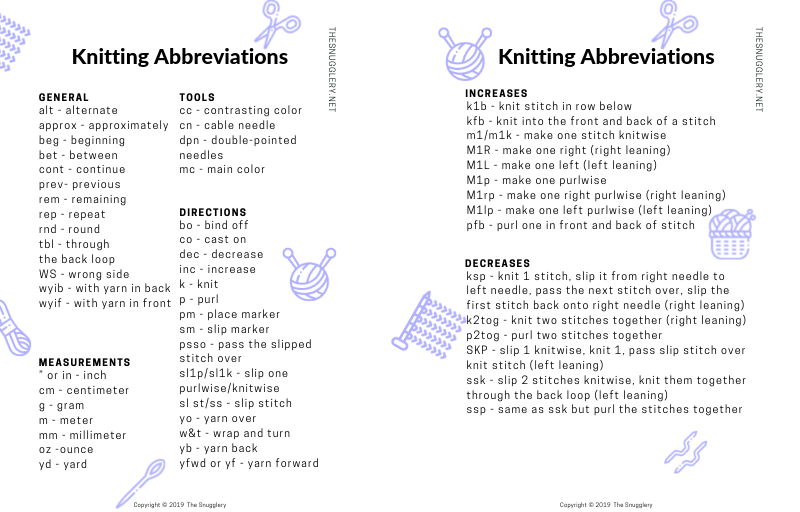 Free Printable Knitting Abbreviations Chart The Snugglery